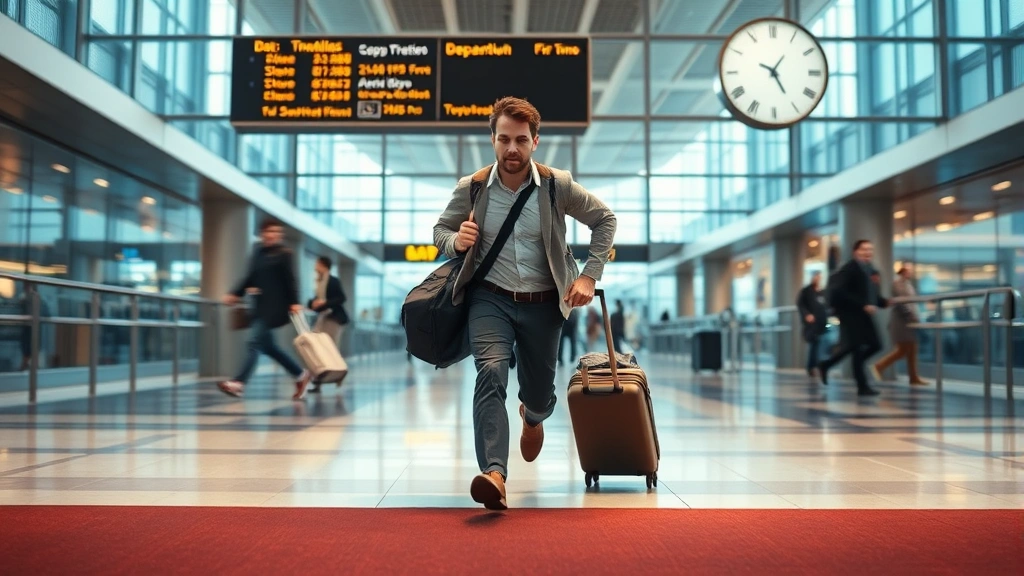 Stressed traveler running through modern airport terminal with luggage, clock showing departure time in background, dramatic lighting emphasizing urgency and motion