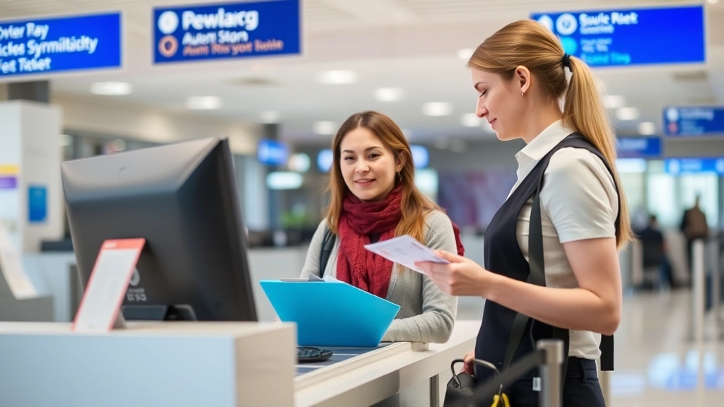 Customer service representative at airline ticket counter helping passenger with rebooking, both looking at computer screen, professional airport environment with clear signage visible