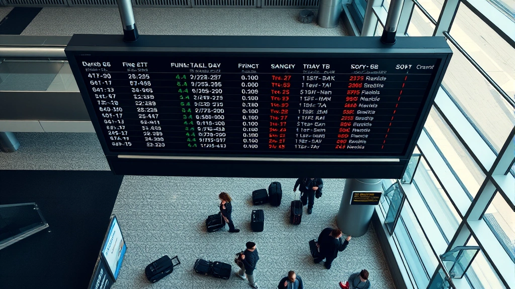Overhead view of airport departure board showing flight times and gates, travelers walking beneath with carry-on luggage, natural daylight from airport windows