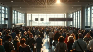 Crowded modern airport terminal with travelers queuing at ticket counters, natural daylight streaming through large windows, busy but organized atmosphere, photorealistic