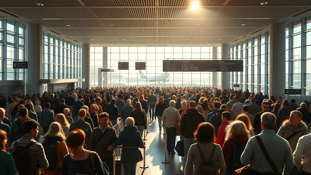 Crowded modern airport terminal with travelers queuing at ticket counters, natural daylight streaming through large windows, busy but organized atmosphere, photorealistic