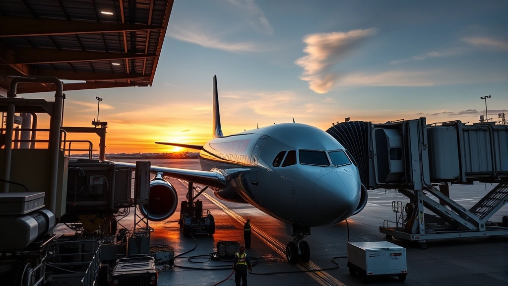 Commercial aircraft fueling at gate with ground crew and equipment visible, sunset lighting, detailed mechanical equipment and airport infrastructure, photorealistic travel photography