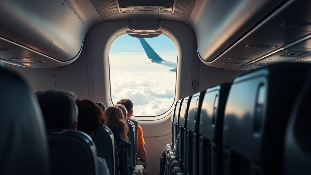 Airplane cabin interior showing rows of seats with some passengers during flight, window view of clouds and wing visible, realistic aircraft lighting, travel experience perspective