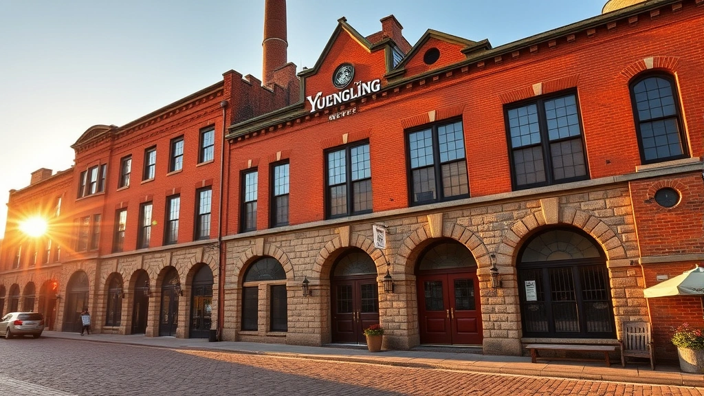 Historic Pottsville Pennsylvania Yuengling brewery exterior with red brick architecture, 19th century stone building facade, golden hour sunlight illuminating heritage brewery structure, cobblestone entrance courtyard