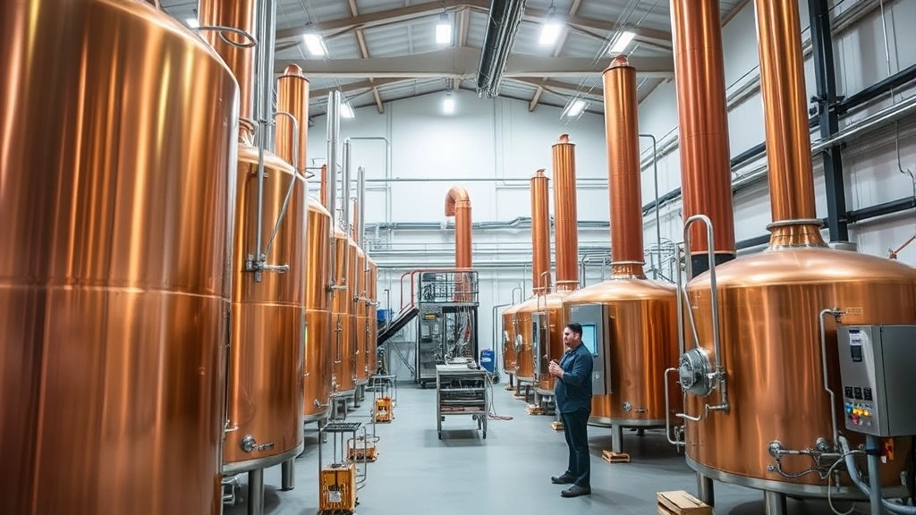 Modern Tampa Florida brewery production facility with massive copper fermentation vessels, professional brewery equipment, bright industrial interior, workers in brewery attire monitoring production systems