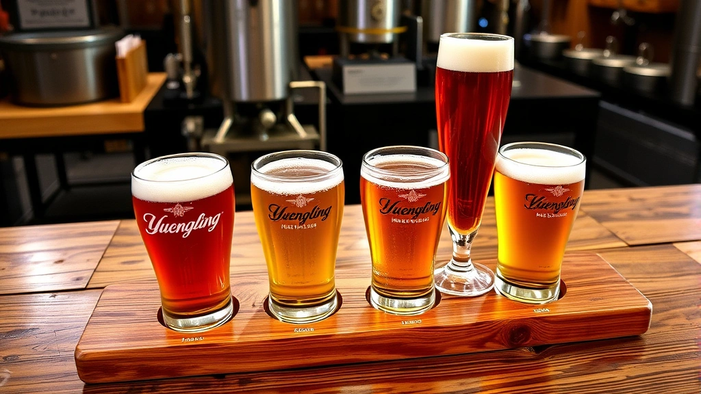 Yuengling Flight beer glasses arranged on wooden brewery tasting counter with flight samples, golden lager beer in authentic brewery glassware, rustic wooden surface, brewery atmosphere background