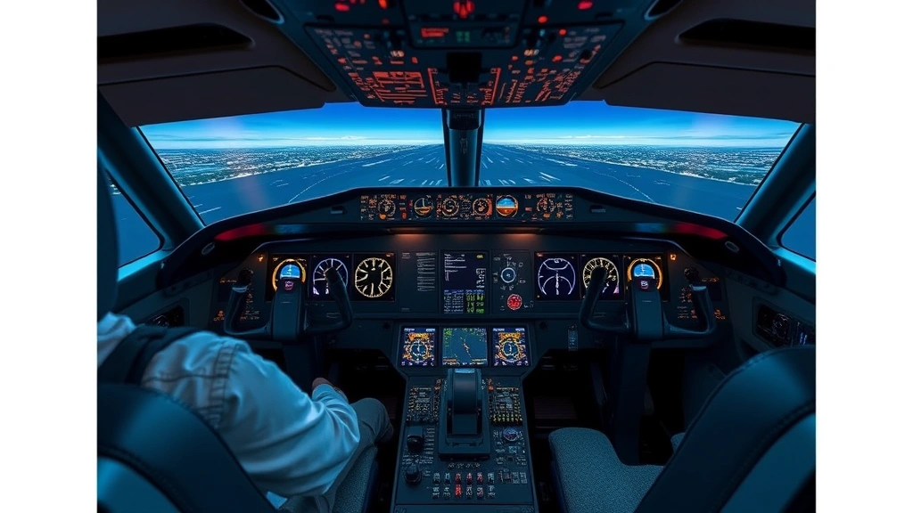 Commercial aircraft glass cockpit with multiple digital displays showing flight data, pilot at controls, realistic professional aviation environment