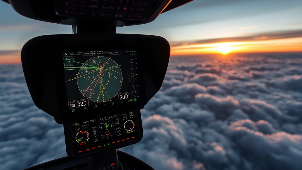 Modern autopilot engagement with flight path visualization on navigation display, aircraft cruising above clouds with sunset lighting