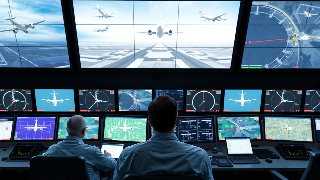 Air traffic control center with radar screens and flight data, controllers monitoring multiple aircraft with advanced surveillance systems