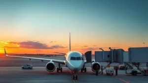 Modern aircraft parked at international airport terminal gate during golden hour sunset with ground crew preparing for departure, professional aviation setting