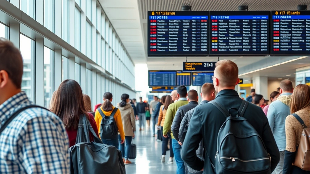Busy airport departure lounge with diverse passengers checking flight information displays, natural daylight from large windows, realistic travel scene