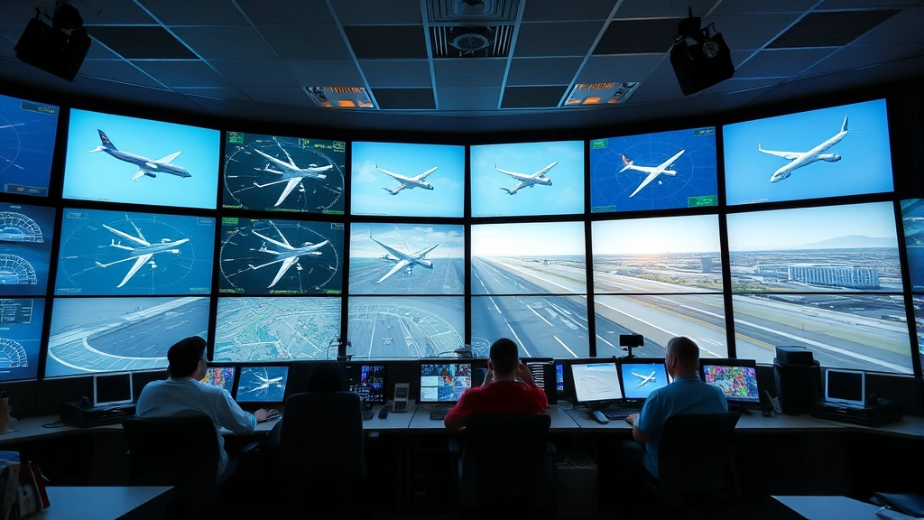Air traffic control center with multiple radar screens and controllers monitoring flights, professional aviation operations environment, real workplace setting