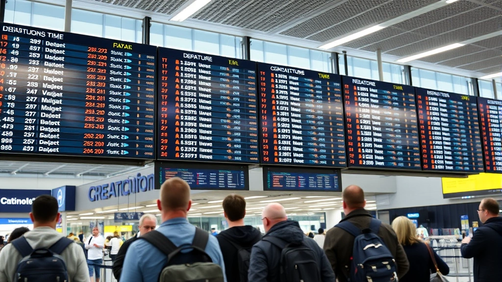 Airport terminal departure board displaying flight information with departure times and status updates, busy travelers checking flights, bright modern airport lighting