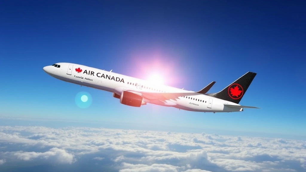 Modern Air Canada aircraft in flight against blue sky, sunlight reflecting off fuselage, clouds below