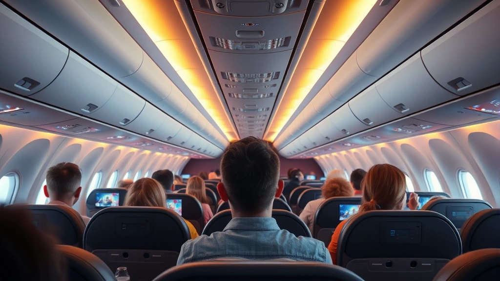 Comfortable economy cabin interior with passengers seated, modern entertainment screens visible, warm cabin lighting