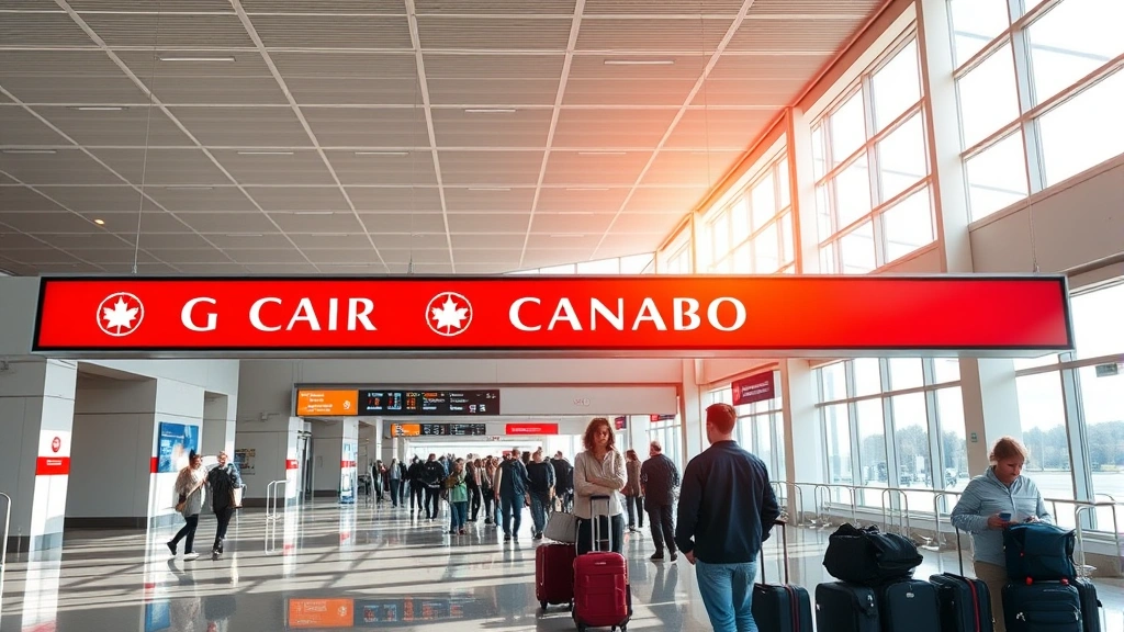 Airport terminal with Air Canada signage, travelers with luggage, departure board overhead, natural light streaming through windows