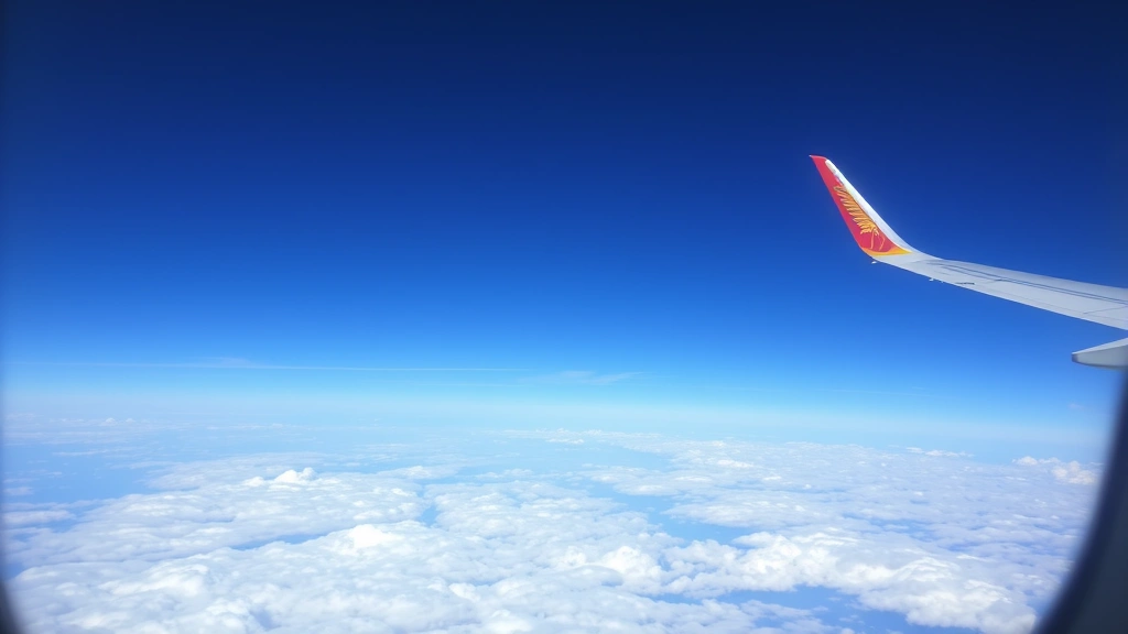 Airplane window view of aircraft in-flight over landscape with clouds below, showing the perspective of a passenger tracking their Air India flight journey