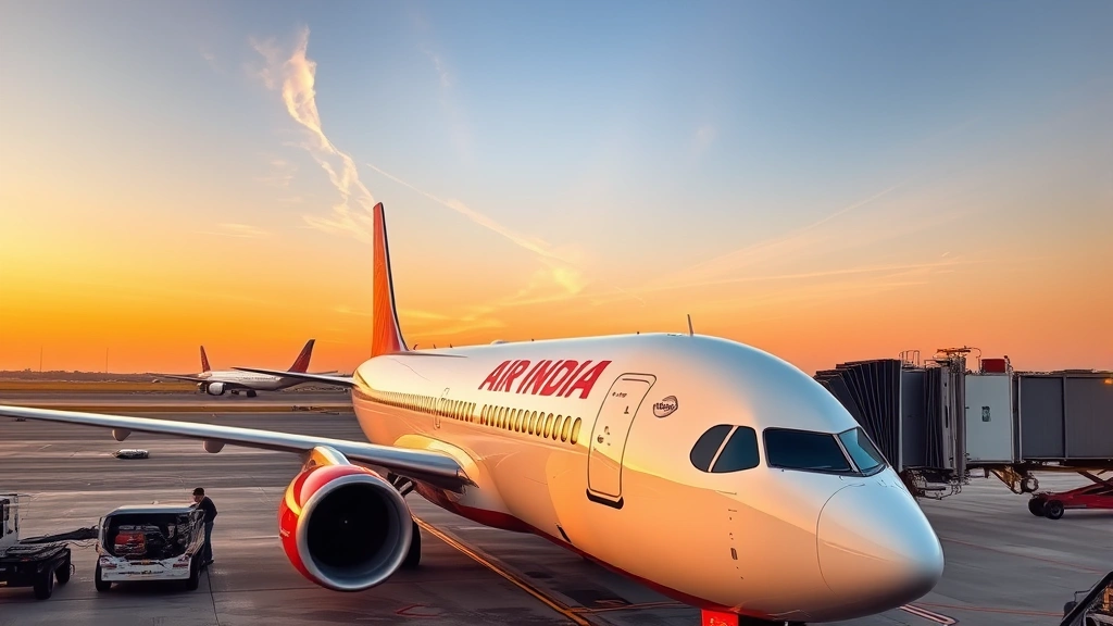 Air India aircraft tarmac scene at sunrise with ground crew preparing for departure, showing modern Boeing aircraft and airport infrastructure operations