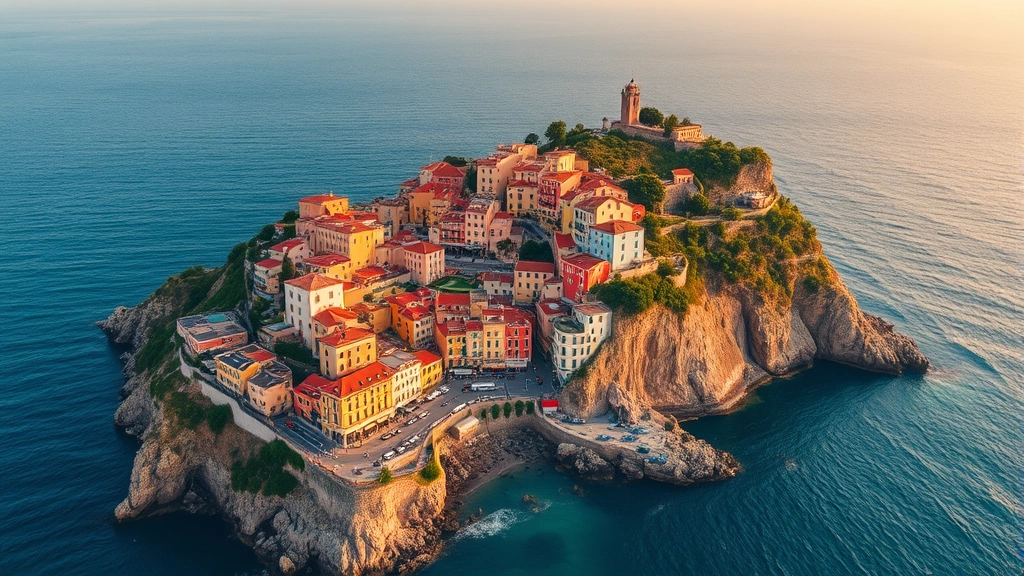 Aerial view of Amalfi Coast with colorful cliffside villages, turquoise Mediterranean Sea, and winding coastal road, golden hour lighting, photorealistic travel photography