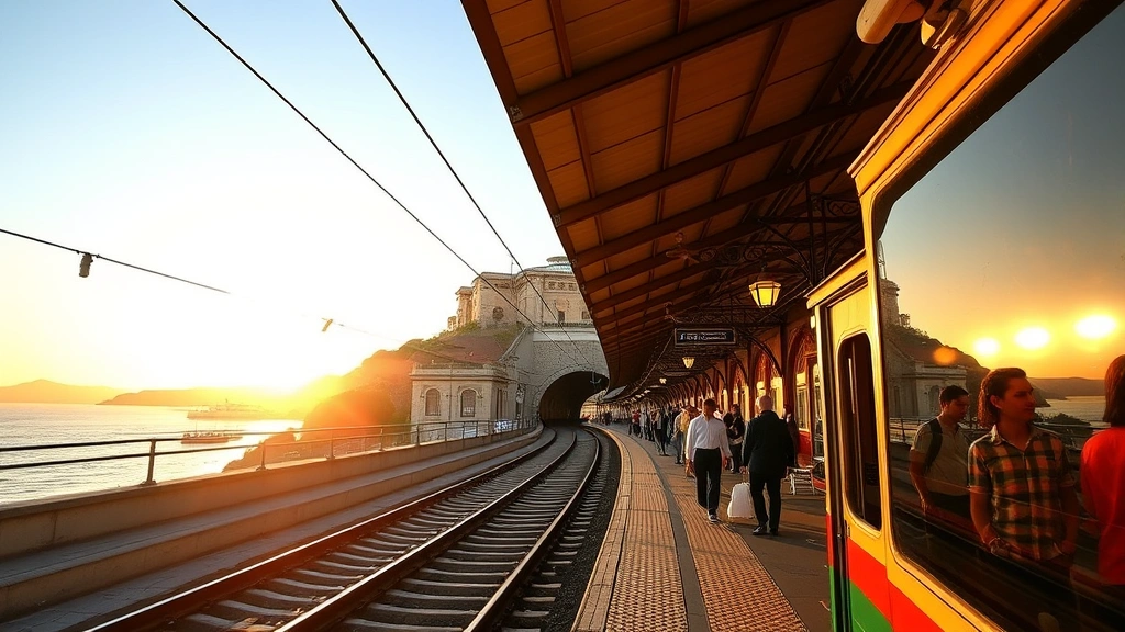 Scenic Naples train station platform with historic architecture, passengers boarding, Mediterranean landscape visible, golden sunset light, Italian coastal railway travel