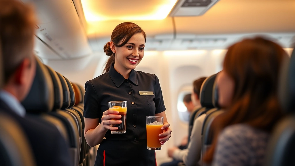 Professional female flight attendant in uniform serving beverages to passengers in airplane cabin, warm cabin lighting, genuine interaction with passengers