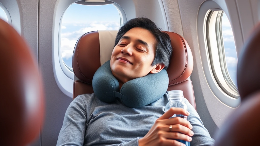 Passenger relaxing in airplane seat with neck pillow, wearing compression socks, holding water bottle, peaceful expression, cabin window with clouds visible