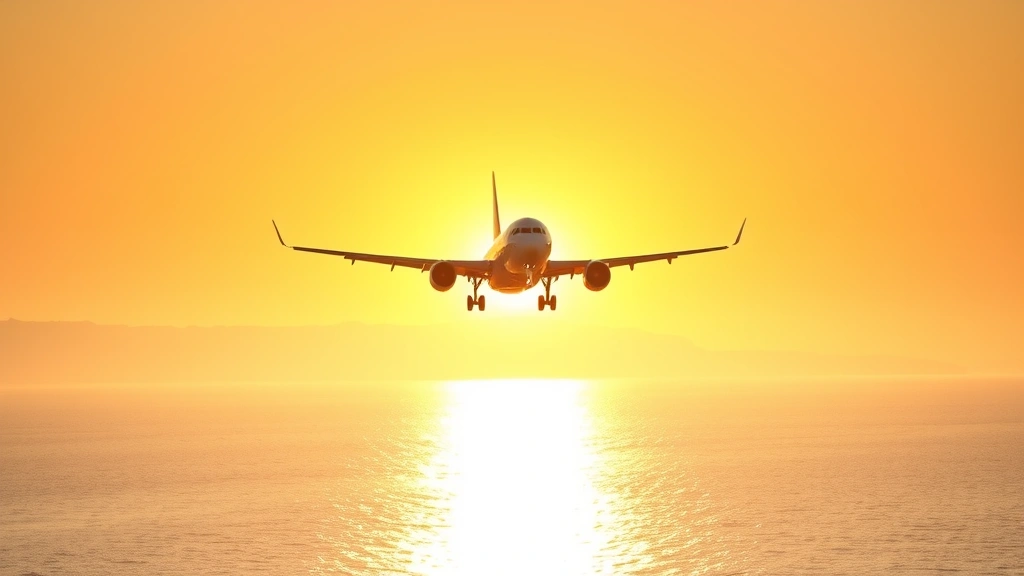 Commercial airplane taking off from Athens International Airport over Mediterranean Sea at sunrise, bright morning light, realistic photography
