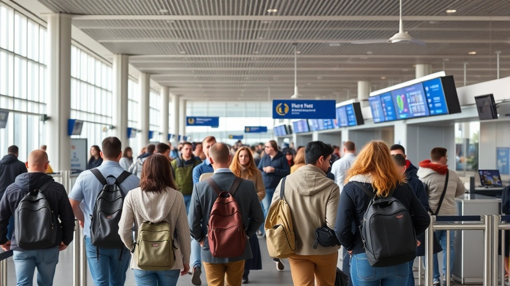 Busy airport terminal with passengers checking in at counter, modern architecture, natural lighting, travel atmosphere, no visible text or signs