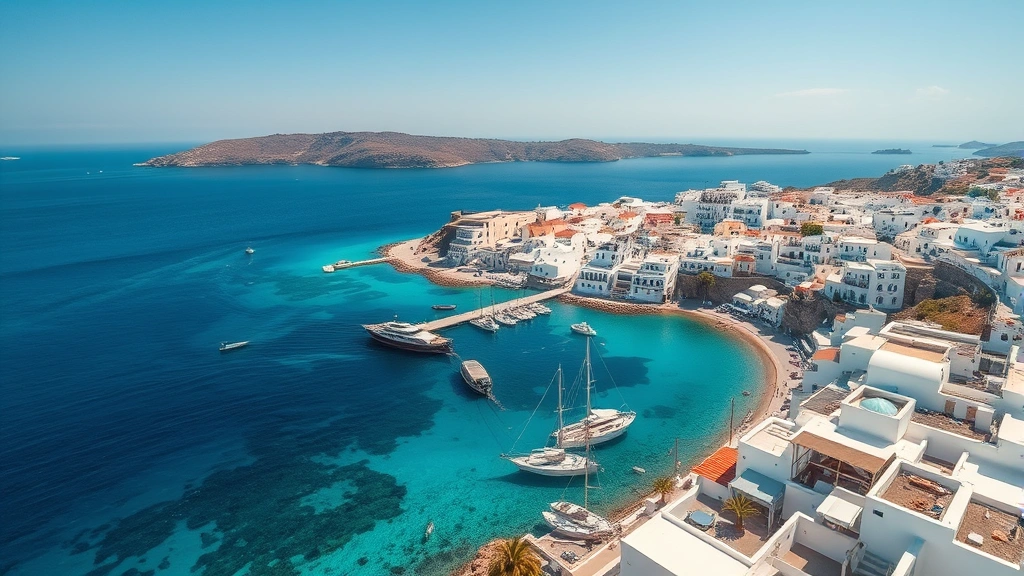Aerial view of Cretan coastline with white-washed buildings, turquoise waters, and harbor boats, sunny Mediterranean landscape, photorealistic