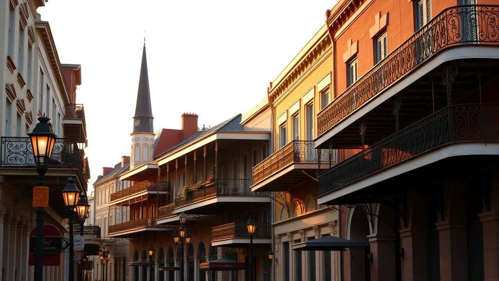 Vibrant New Orleans French Quarter architecture with historic buildings, gas lamps, and wrought-iron balconies at golden hour, no people visible