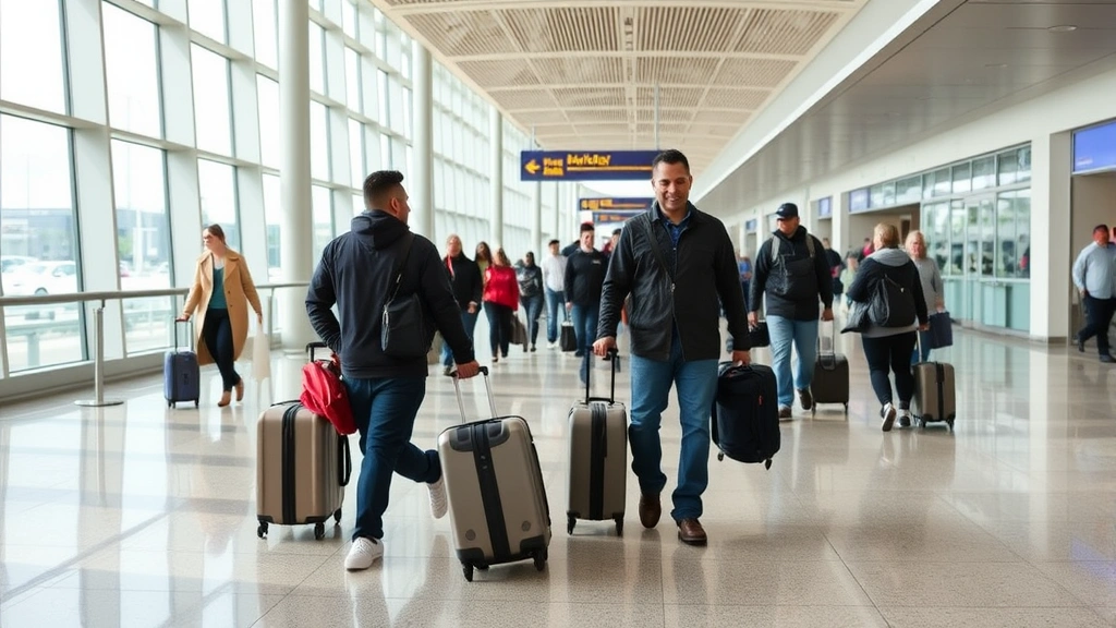 Hartsfield-Jackson Atlanta International Airport terminal interior with travelers walking with luggage, modern architecture, natural daylight from windows, bustling but clear scene