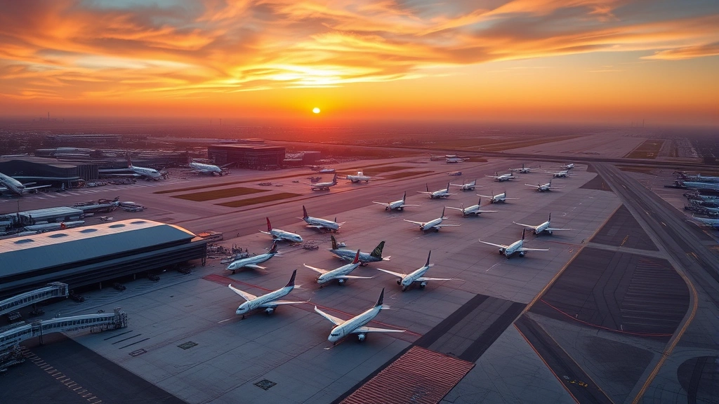 Aerial view of Atlanta Hartsfield-Jackson International Airport with multiple aircraft on tarmac at sunrise, showing terminal buildings and runway infrastructure