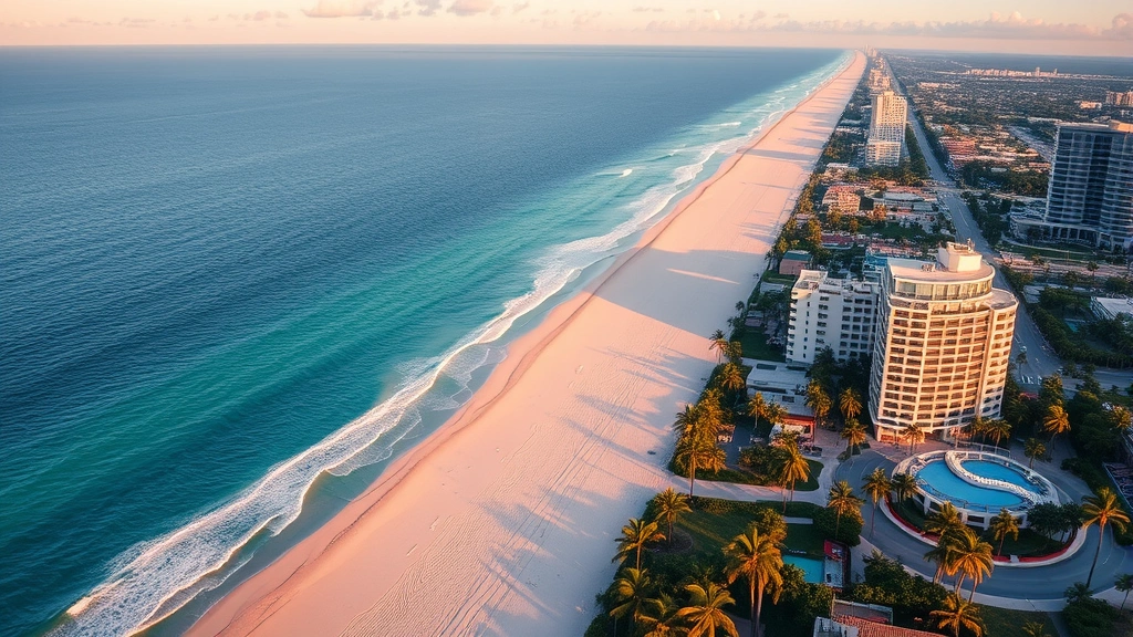 Fort Lauderdale beach coastline with turquoise Atlantic Ocean, pristine white sand, palm trees, and beachfront hotels at golden hour
