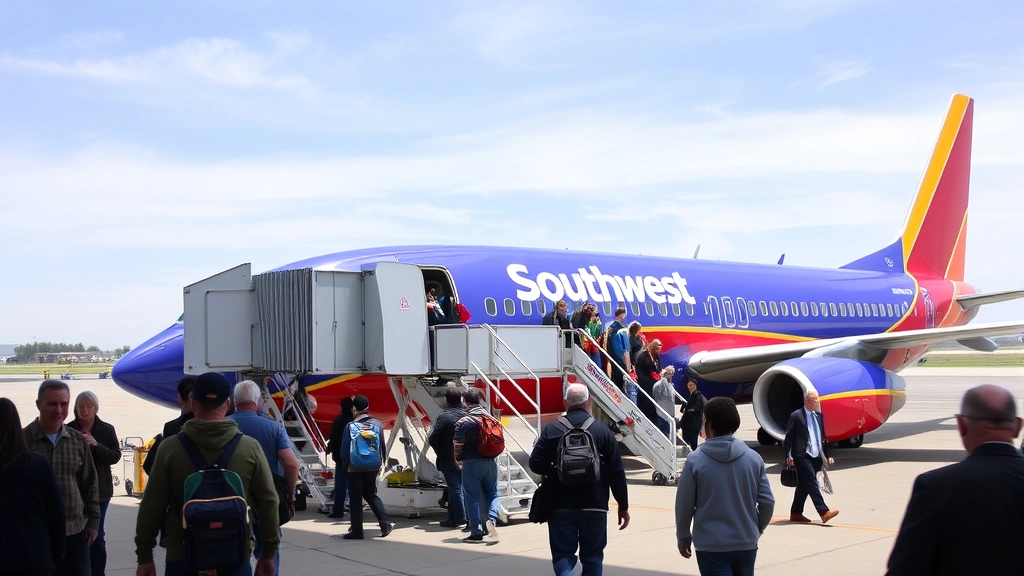 Passengers boarding Southwest Airlines aircraft on tarmac with jet bridge, showing boarding process and aircraft exterior details