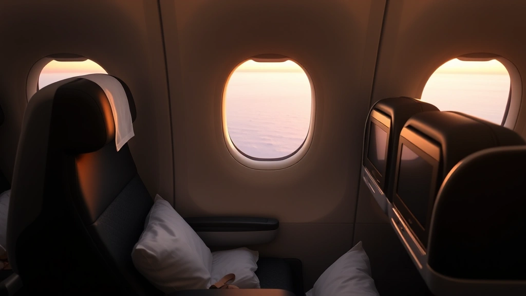 Business class airplane cabin during transatlantic flight with window seat view of Atlantic Ocean at sunrise, passenger comfort amenities visible