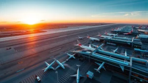 Aerial view of Atlanta Hartsfield-Jackson International Airport with multiple planes at gates, sunrise light illuminating runways, vibrant modern airport infrastructure, dynamic travel energy