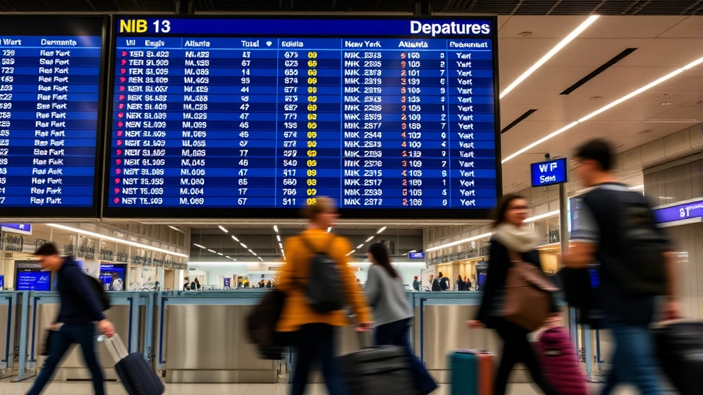 Airport departure board with flight information for Atlanta to New York flights, blurred travelers with luggage walking through modern terminal, dynamic travel atmosphere