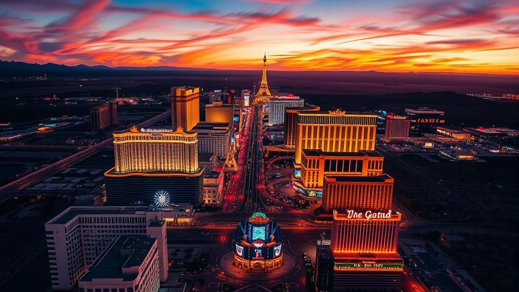 Aerial view of Las Vegas Strip at sunset with bright neon lights and casino resorts glowing against desert landscape, vibrant colors reflecting off buildings, panoramic cityscape perspective