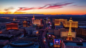 Aerial view of Las Vegas Strip at sunset with neon lights and casino resorts glowing against desert landscape, mountains in background