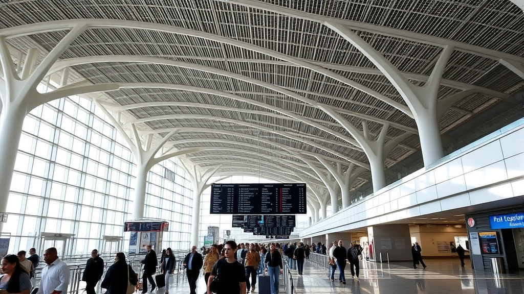 Hartsfield-Jackson Atlanta International Airport modern terminal interior with high ceilings, travelers walking through concourse, departure boards displaying flight information, natural light streaming through windows