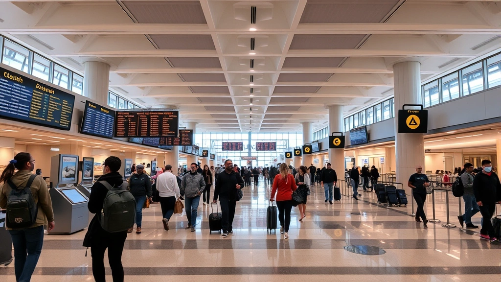 Busy airport terminal at Hartsfield-Jackson Atlanta International Airport with travelers checking boards and walking through modern concourse