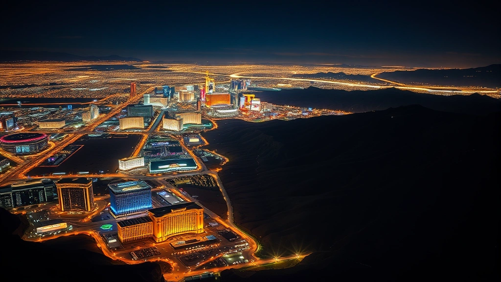 Overhead shot of Las Vegas Valley showing sprawling desert city lights at night, bright casino clusters on the Strip, surrounding mountains in darkness, aerial photography of nighttime cityscape