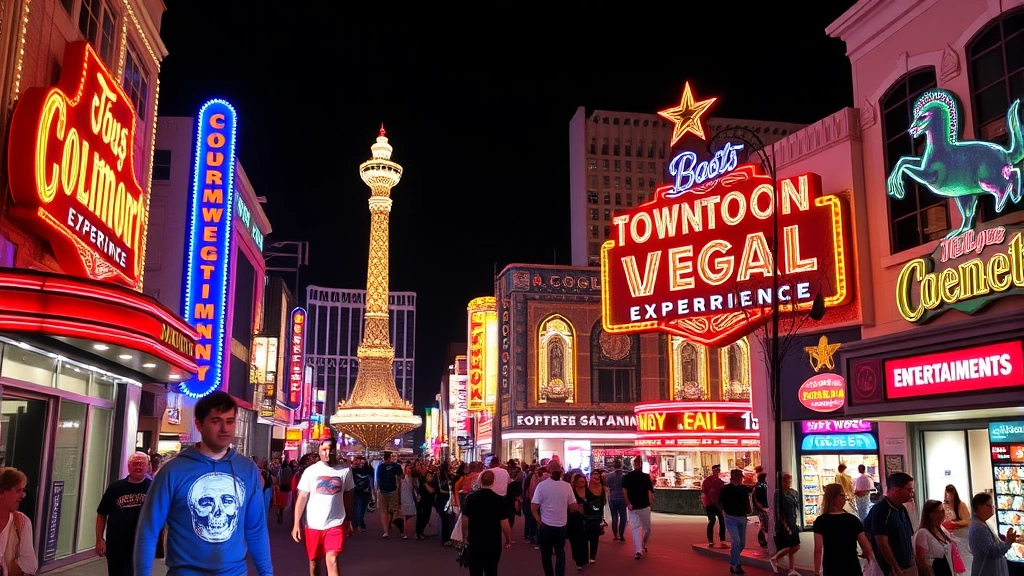 Downtown Las Vegas Fremont Street Experience with vintage neon signs, street performers, and pedestrians enjoying outdoor entertainment mall