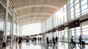 Austin-Bergstrom International Airport terminal interior with modern architecture, travelers with luggage, natural sunlight through windows, contemporary design elements