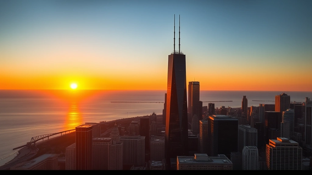 Chicago skyline at sunset with Lake Michigan, Willis Tower and architecture visible, golden hour lighting, urban landscape view from high vantage point