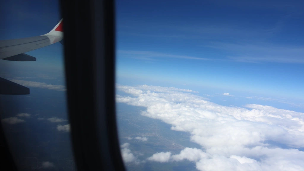 Airplane window view during flight showing clouds and landscape below, wing visible, natural daylight, mid-flight perspective, atmospheric travel scene