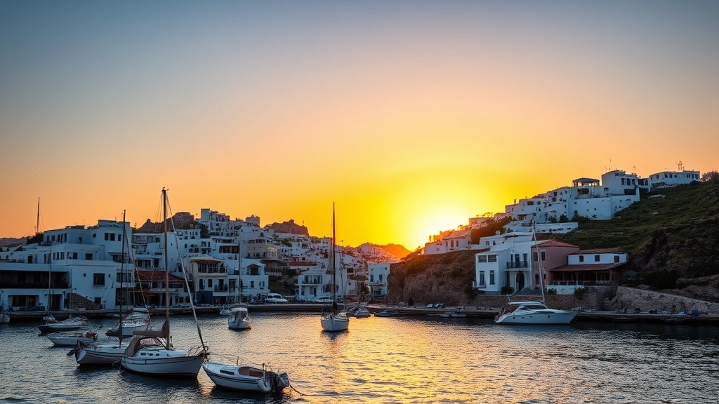 Vibrant sunset over Ibiza harbor with white cubic buildings clustered on hillside, fishing boats anchored below, Mediterranean light golden across water