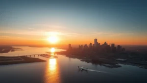 Aerial sunrise view of Boston Harbor with Logan Airport runways and historic downtown skyline reflecting in calm water, photorealistic