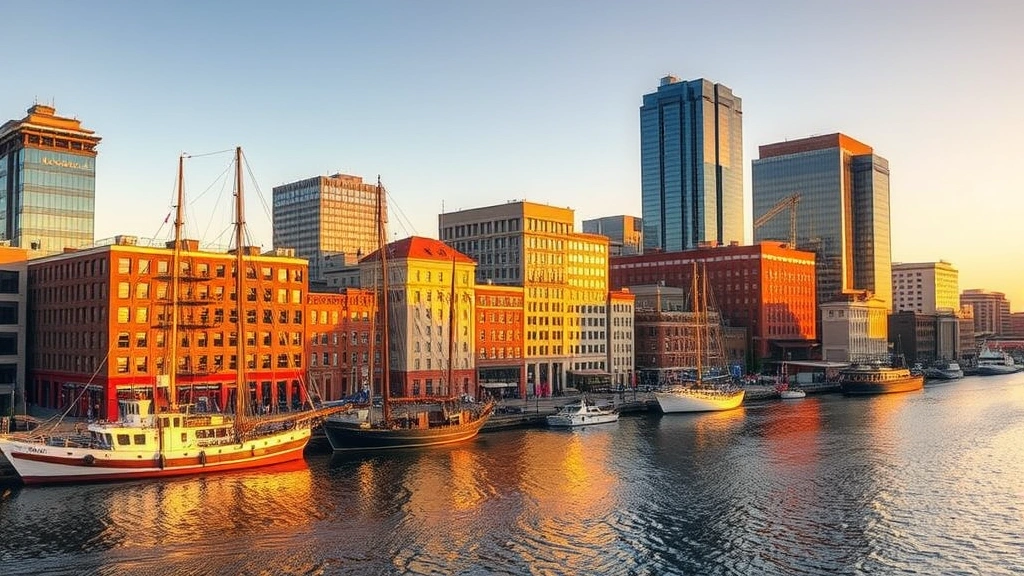 Inner Harbor Baltimore waterfront with historic ships, colorful row houses, and modern office buildings at golden hour, travel photography