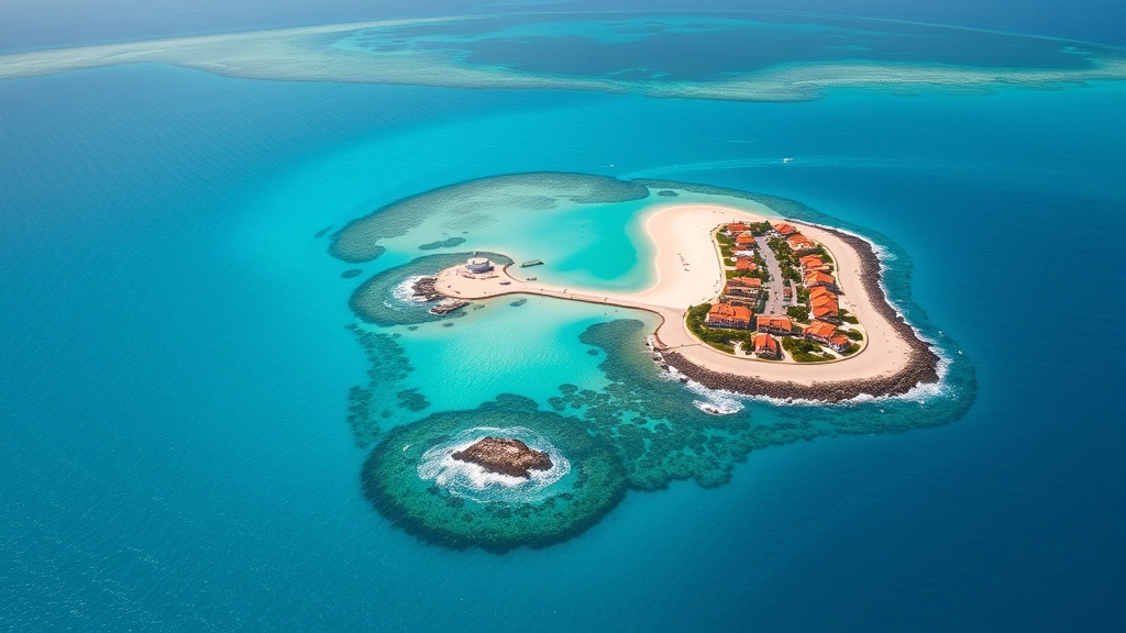 Aerial view of turquoise waters surrounding Bermuda with pink-sand beaches and colorful colonial buildings visible from above, crystal clear ocean waters